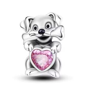 925 Sterling Silver Dog with a Bone Charm and Pink Gemstone Heart